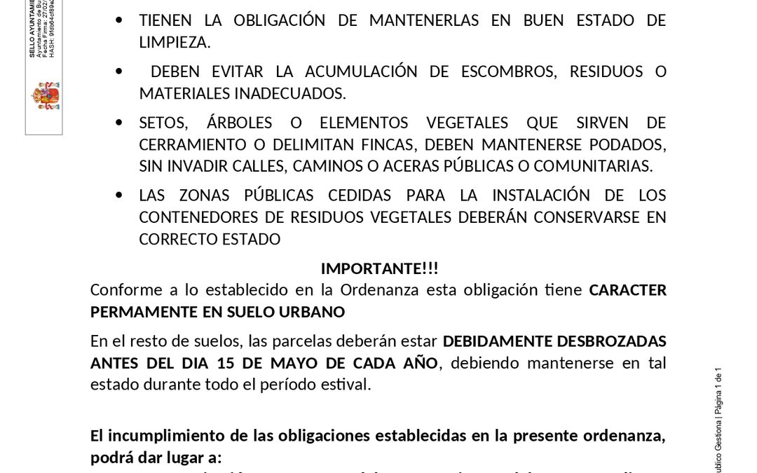 AVISO SOBRE LA LIMPIEZA Y MANTENIMIENTO DE SOLARES